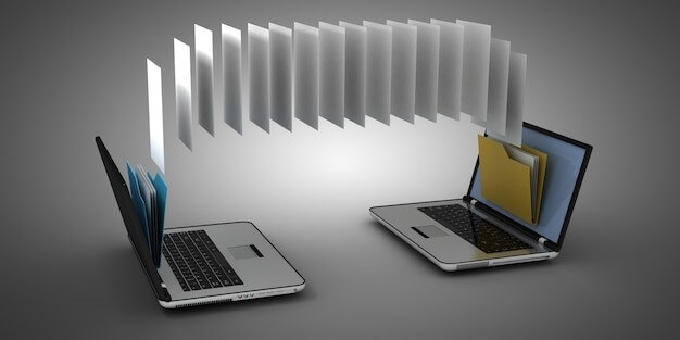 Files-Over-Miles: 3d laptop and folder. 3d illustration, files are transfering