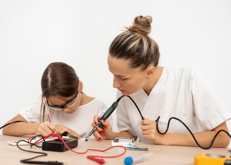 STEM: girl and female teacher doing science experiments