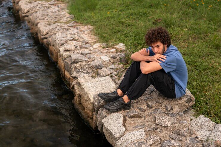 trails carolina abuse: sad and contemplative man sitting by the lake