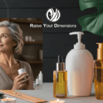 Cosmetics and a women pic with logo of website Raise your dimensions