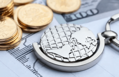 Foreign Invested Enterprises: Coins, paper money and globe on white statistic form background