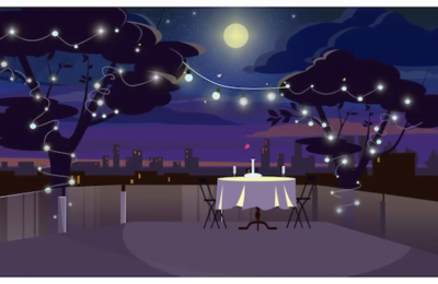 The Night Cloaked Deck. Night with moon and star a table on a terrace or roof