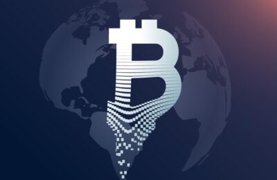 Bindex: Free vector digital bitcoin creative symbol design with world map backdrop