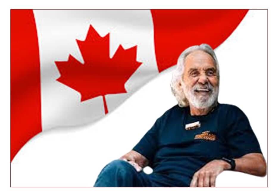 Tommy Chong Net Worth, canada flag in background, a man is sitting in front in happy mood
