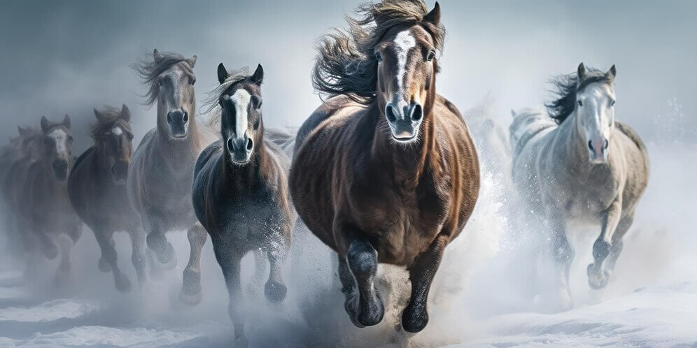 Wild horses charges through a snowstorm
