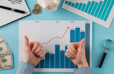 Top view of business items with growth chart and hands giving thumbs up