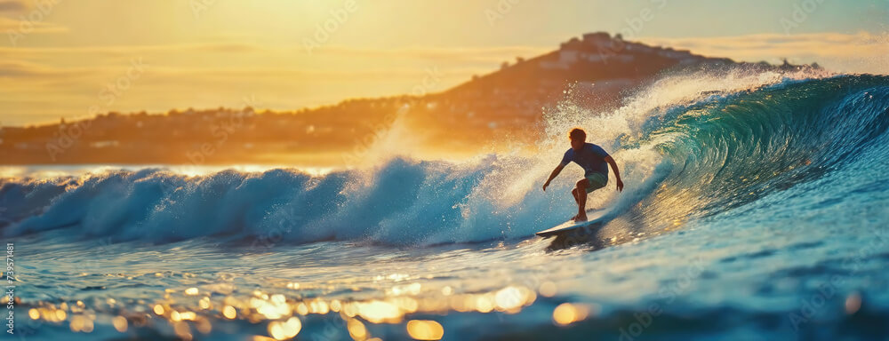 Surfer Riding a Wave at Golden Hour.