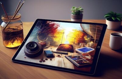 tablet modern technology on a wooden desk indoors generative ai