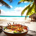 Delicious freshly cooked seafood in coconut milk on beach under palm trees served table on beach