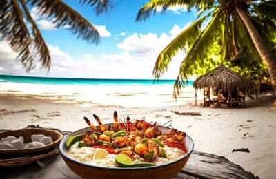 Delicious freshly cooked seafood in coconut milk on beach under palm trees served table on beach