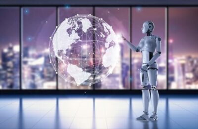 Globalization technology concept with 3d rendering female robot working on world graphic display