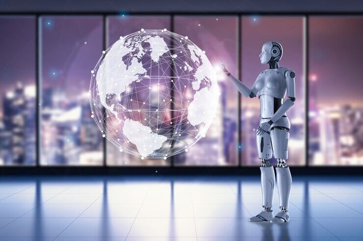 Globalization technology concept with 3d rendering female robot working on world graphic display