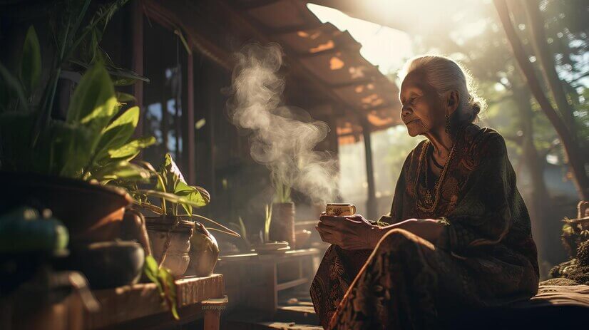 An Old women enjoying the tea