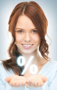 Beautiful young woman showing percentage sign on her palm