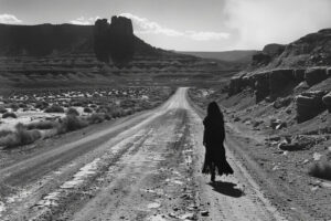 Black and white image of sad woman