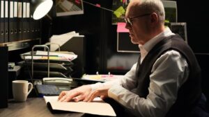 Detective reading classified records