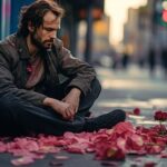 Heartbroken man is sitting on the street with dead roses