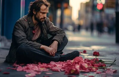 Heartbroken man is sitting on the street with dead roses