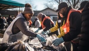 Set up a community service scene showing volunteers engaging in neighborhood cleanup or helping