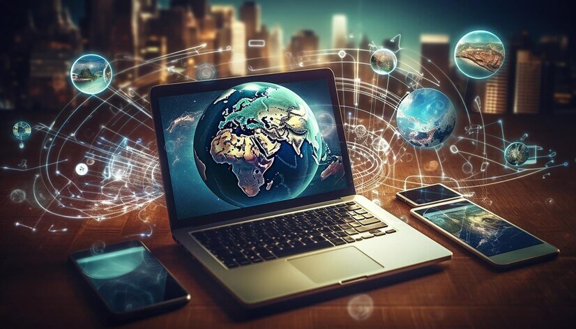 Tech devices and icons connected to digital planet earth