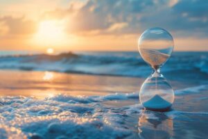 Arafed hourglass on the beach with the sun setting in the background