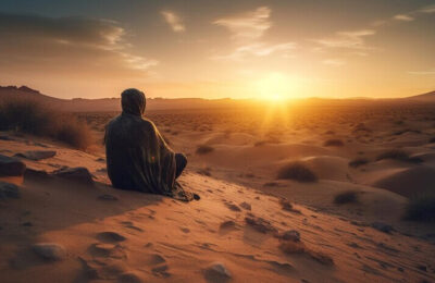 A breathtaking sunset casting golden hues over the vast desert expanse