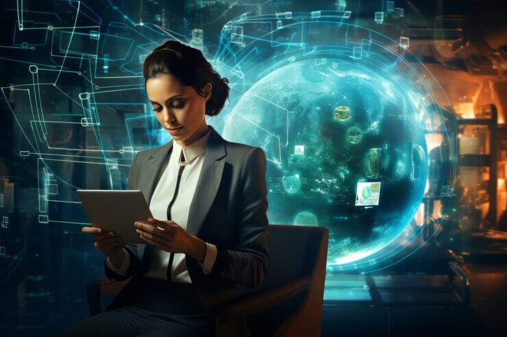 Scene with business person working futuristic office job