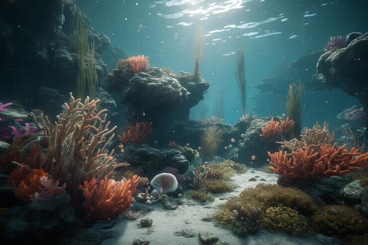 A screenshot of a underwater scene with corals and corals.