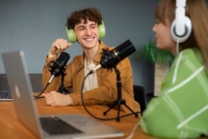 Side view people recording podcast