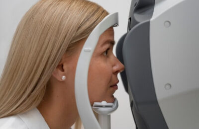 Side view woman getting her eyes checked
