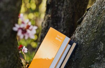 Books placed between branches of blossoming tree