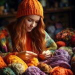 Young woman needlewoman knits with colored yarn