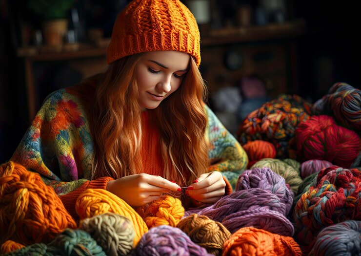 Young woman needlewoman knits with colored yarn