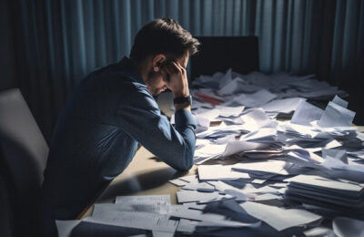 Person feeling anxiety induced by documents and work