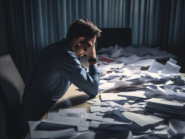 Person feeling anxiety induced by documents and work