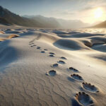 Footprints in the sand with mountains in the background