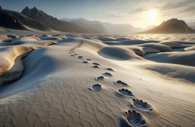 Footprints in the sand with mountains in the background