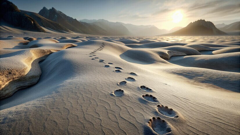 Footprints in the sand with mountains in the background