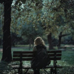 A melancholic scene depicting an introverted 40s woman The person is sitting alone on a park bench