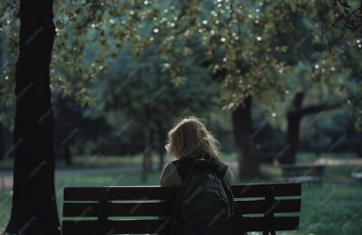 A melancholic scene depicting an introverted 40s woman The person is sitting alone on a park bench