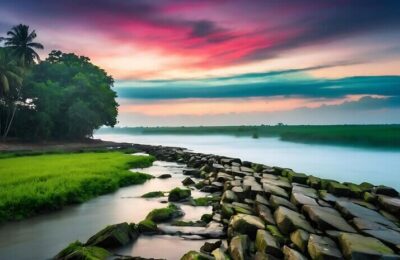 A river with rocks and trees in the background