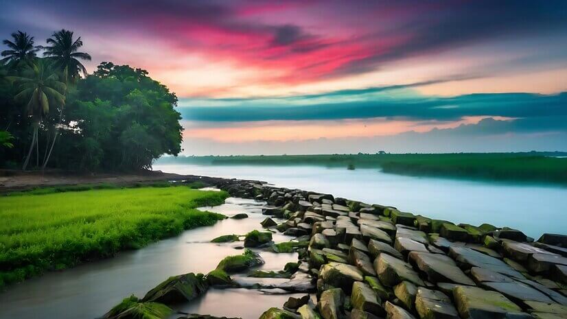 A river with rocks and trees in the background