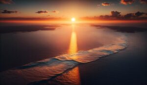 Sunset over water reflects tranquil idyllic beauty generated by AI