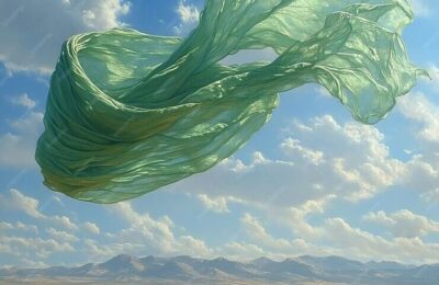 Floating green scarf in the open sky