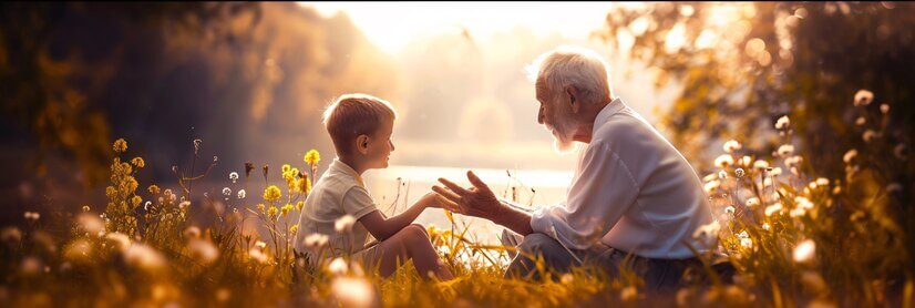 Grandparent spending time their grandchildren in magical and fantasy environment