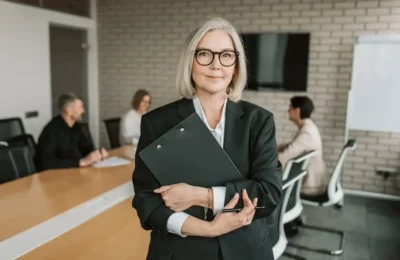 Elderly Woman in Black Blazer Holing a Clipboard