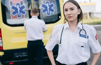 Medical team standing beside ambulance