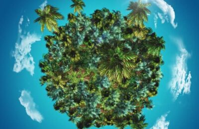 3D globe with tropical palms and grasses with clouds