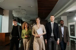 A group of men and women, corporate professional in corridor walking