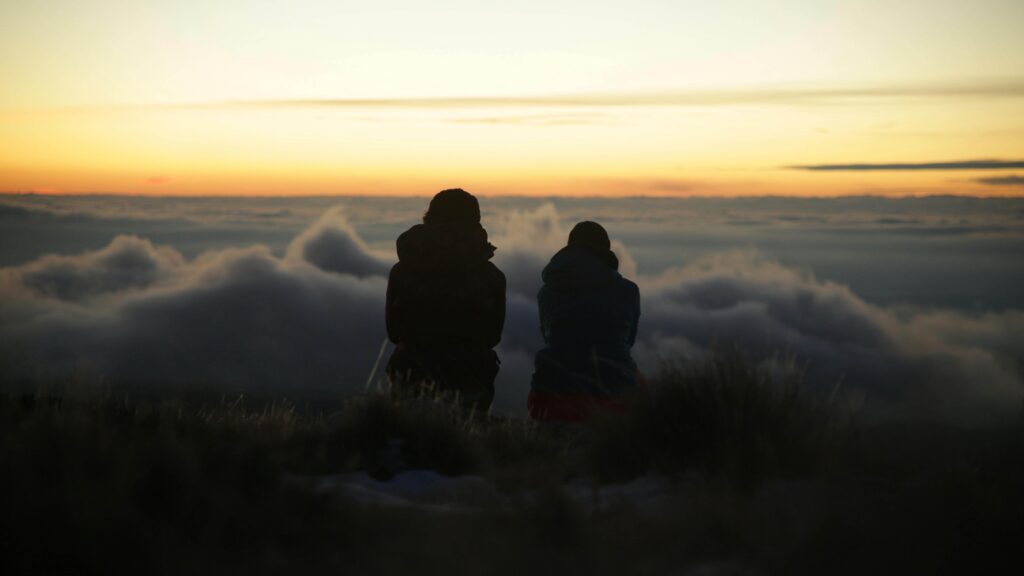 Silhouette of Two People Sitting on a Grassy Field